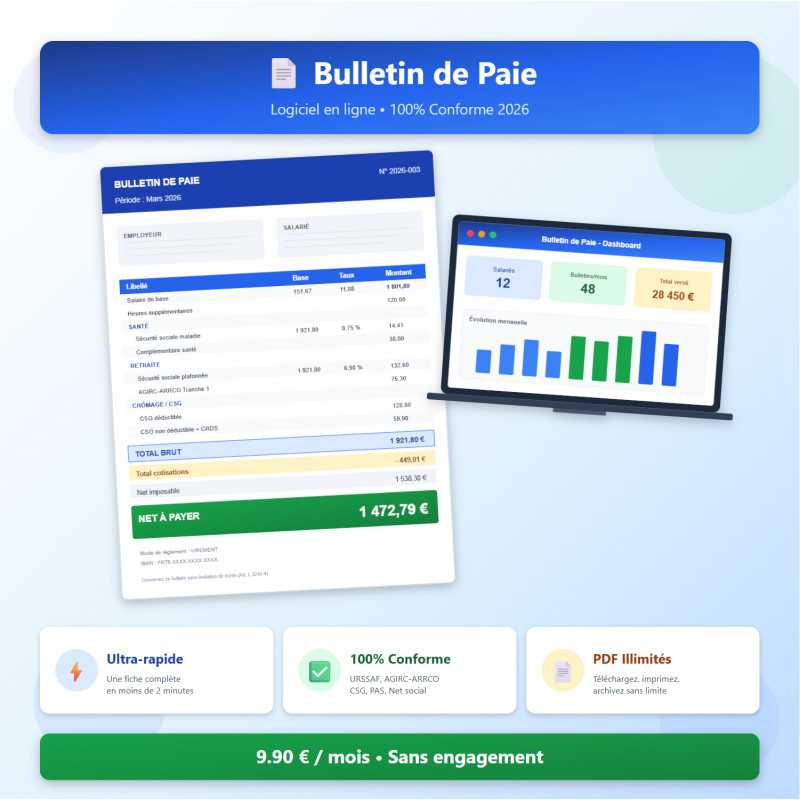 Logiciel Bulletin de Paie en Ligne — Édition Illimitée de Fiches de Paie Conformes 2026