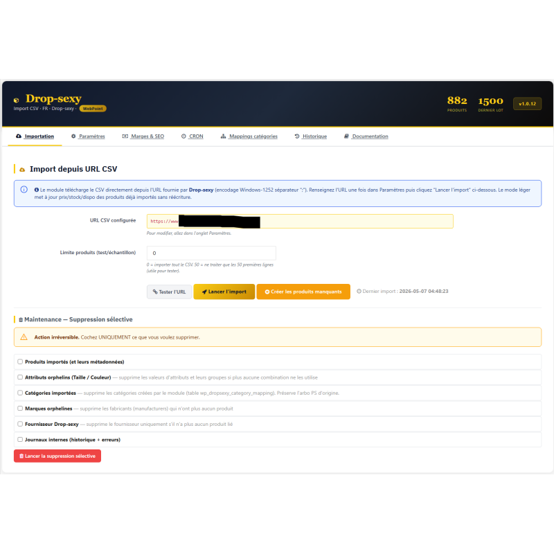 Benutzeroberfläche, Produktimport, CSV, Konfiguration
