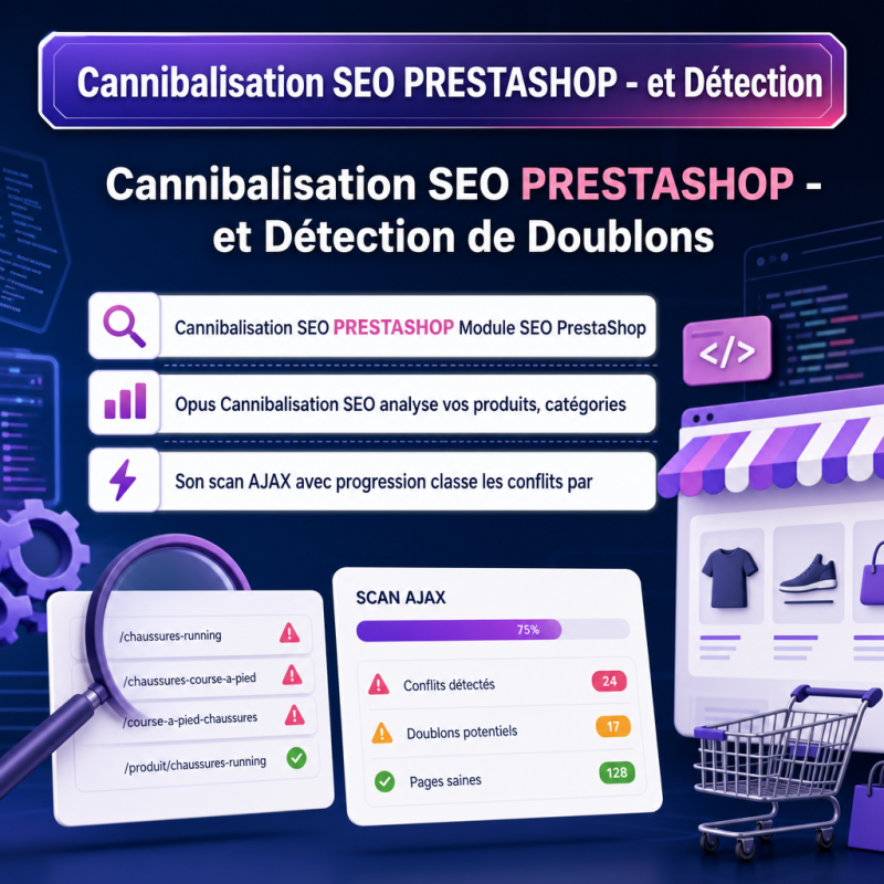 Cannibalisation SEO PRESTASHOP - et Détection de Doublons - visuel principal du produit - avec texte integre - SEO, Contenu & Co