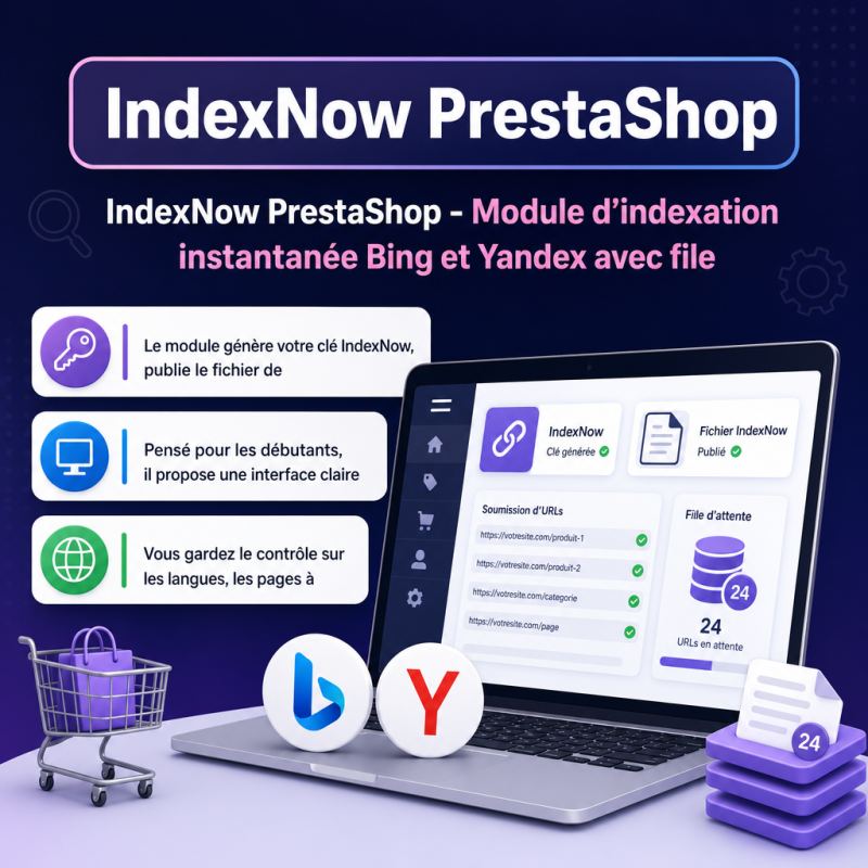 IndexNow PrestaShop - visuel principal du produit - avec texte integre - SEO, Contenu & Conformité - IndexNow PrestaShop - Modul