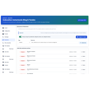 tableau de bord, indexation, exclusions, catégories, interface utilisateur