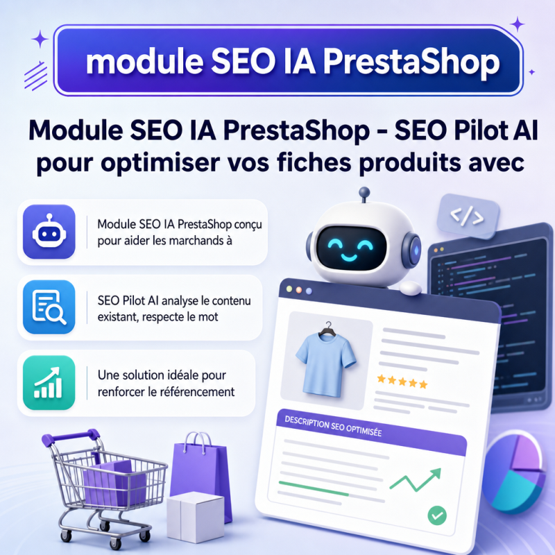 modulo SEO IA PrestaShop, robot, ottimizzazione, e-commerce, prodotto digitale